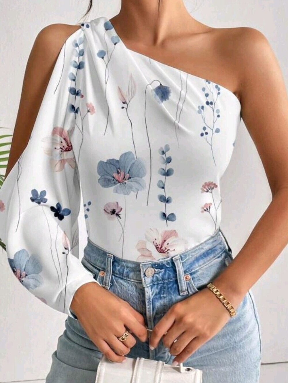 White One-Shoulder Floral Blouse with Blue and Pink Blooms